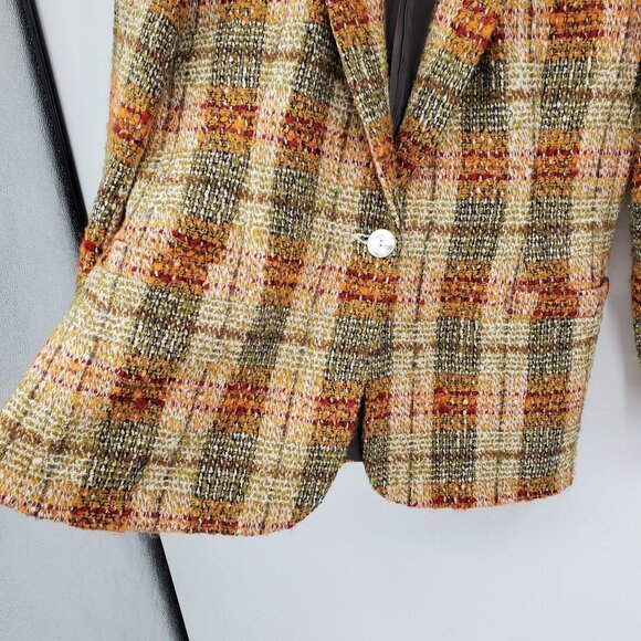 Vintage Alex Pure Wool Orange Plaid Tweed One 0Button Academia Blazer Jacket 12 - Picture 9 of 11